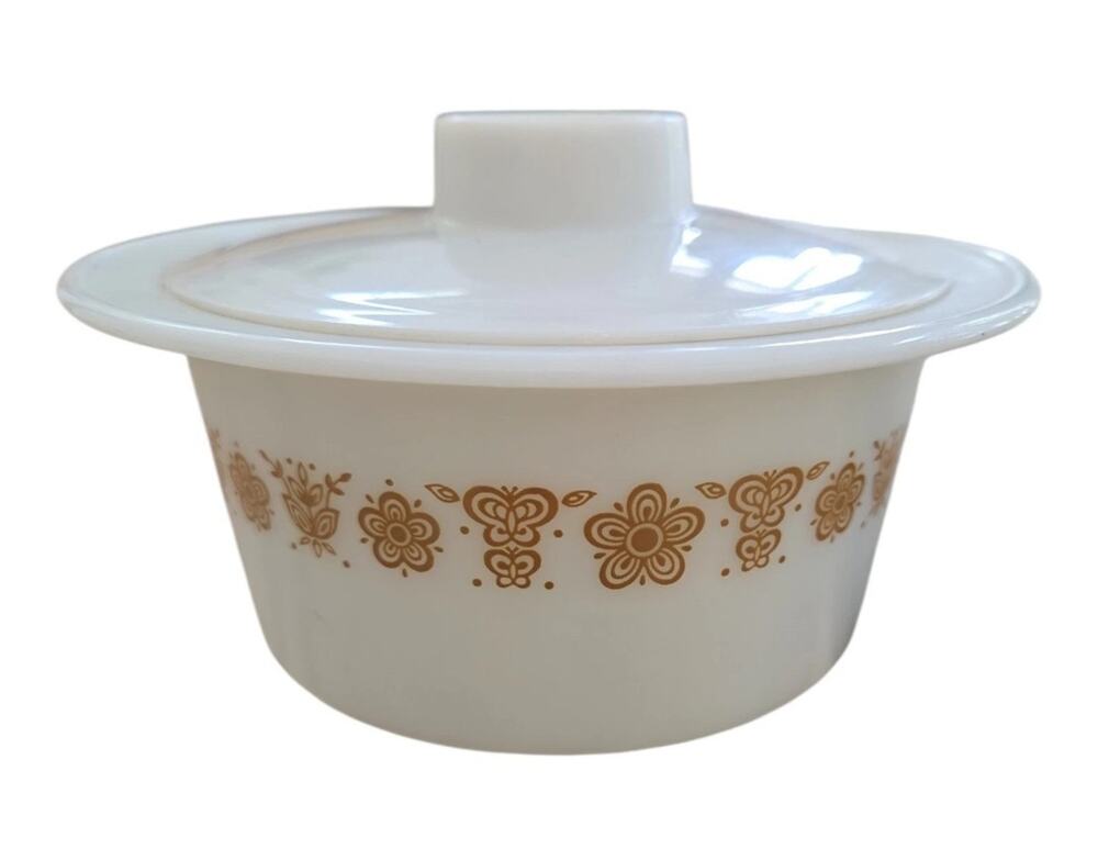 Vintage Pyrex Golden Butterfly Gold Butter Tub Dish with Plastic Lid